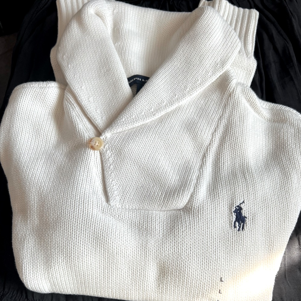 RALPH LAUREN Womens Size L Cream Knit Shawl Collar Sweater